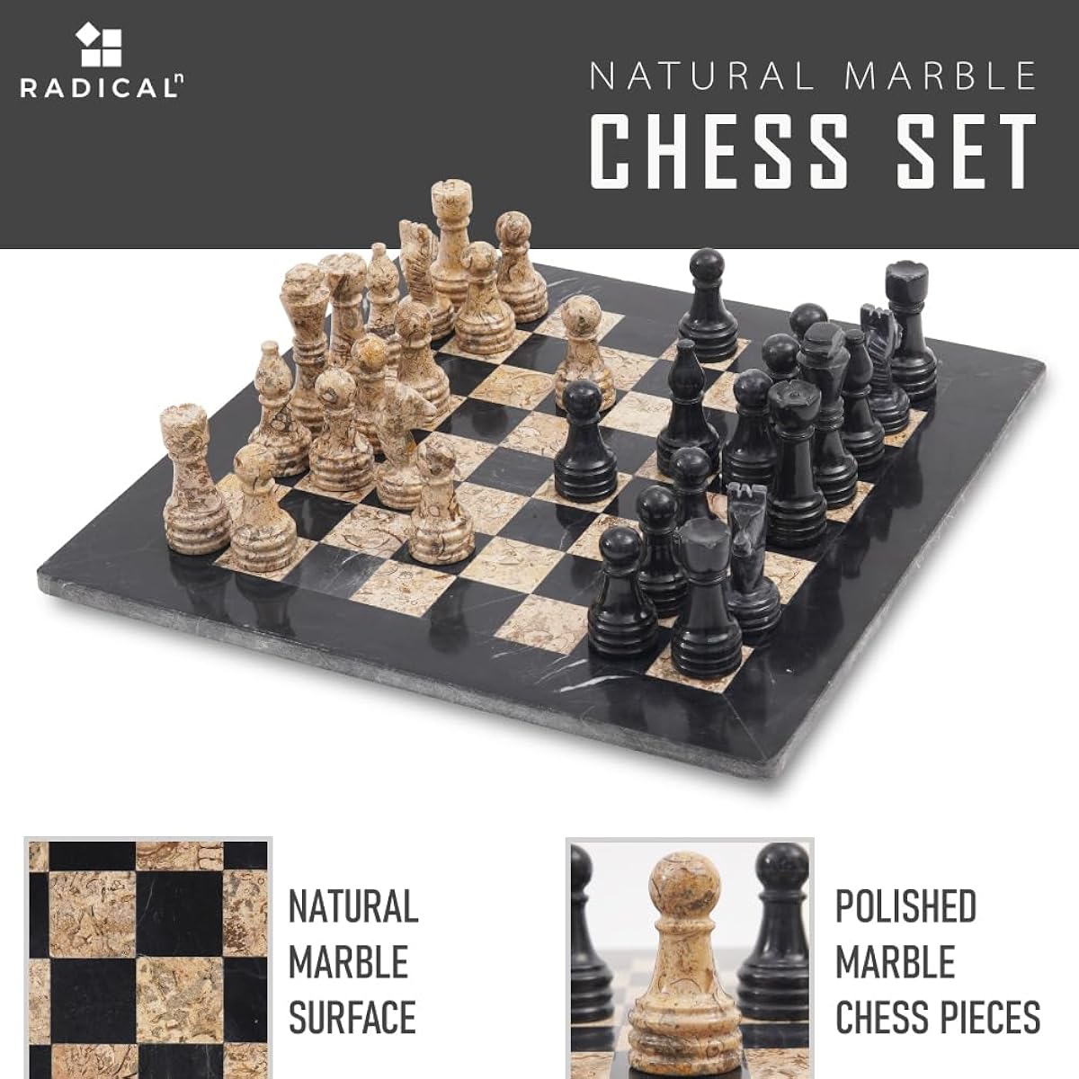 16 Inches Handmade Black and Coral Marble Full Chess Game Original Marble Chess Set