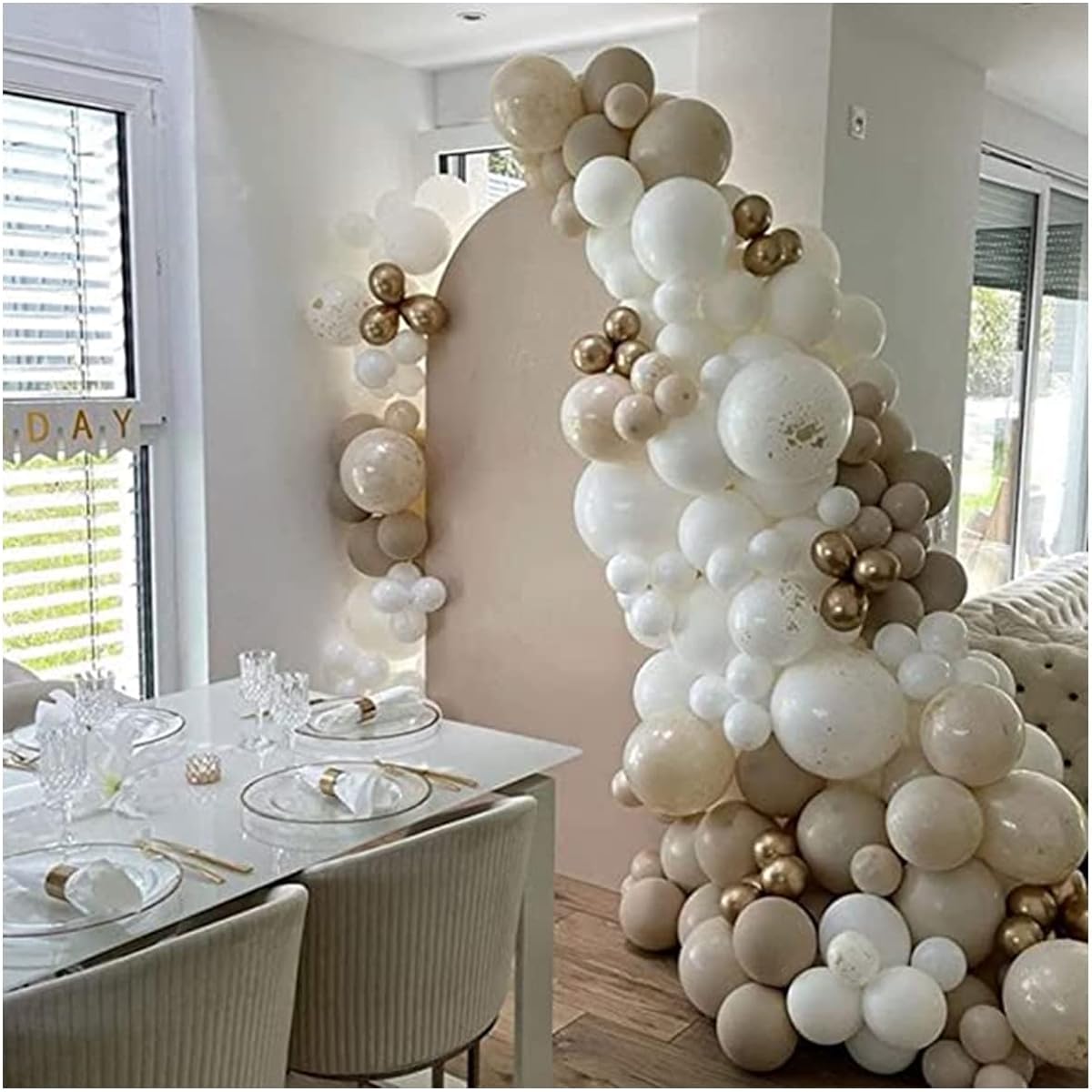 DEAPEICK 155 Pieces Beige Balloon Arch Garland Kit White Sand Happy Birthday Decorations Girls/Boys Gold Globe Wedding Party Decoration Supplies Backdrop (155 Pieces Beige White)