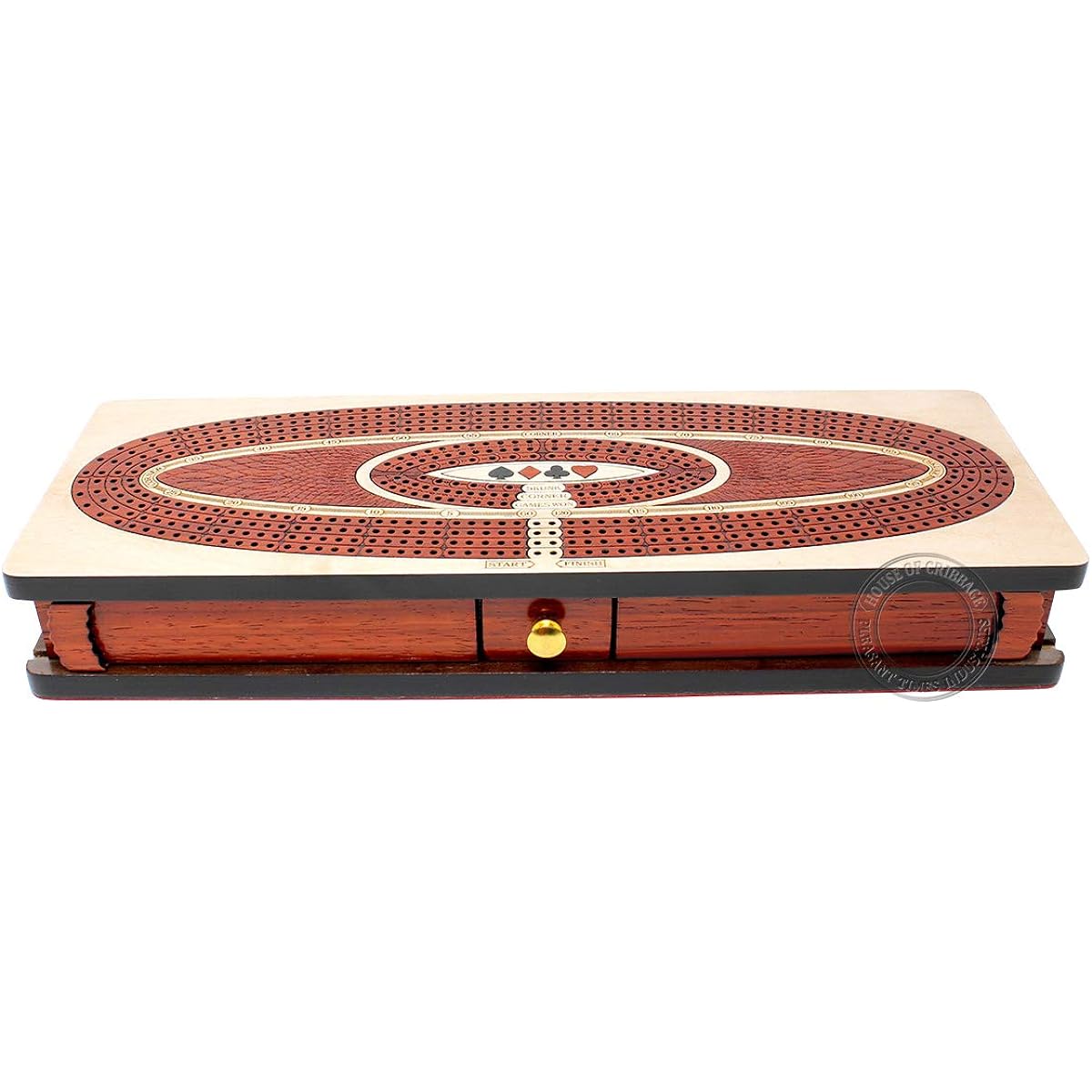 House of Cribbage - Continuous Cribbage Board / Box in Maple / Bloodwood: 4 Tracks - Sliding Lid, Drawer, Metal Pegs, Score Marking Field, Skunk Corner Game