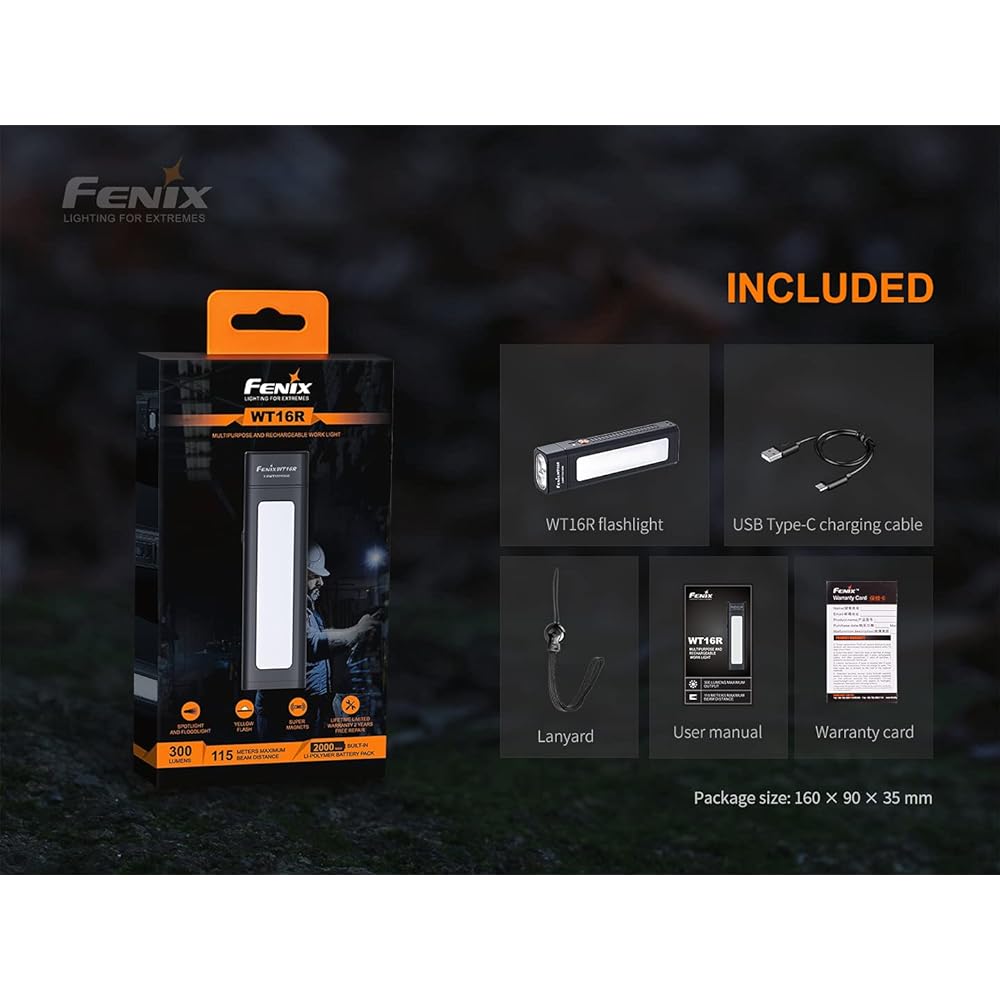 FENIX Light Black 13cm Multipurpose Work Light XP-E2/COB LED Maximum Brightness 300 Lumens USB Rechargeable WT16R