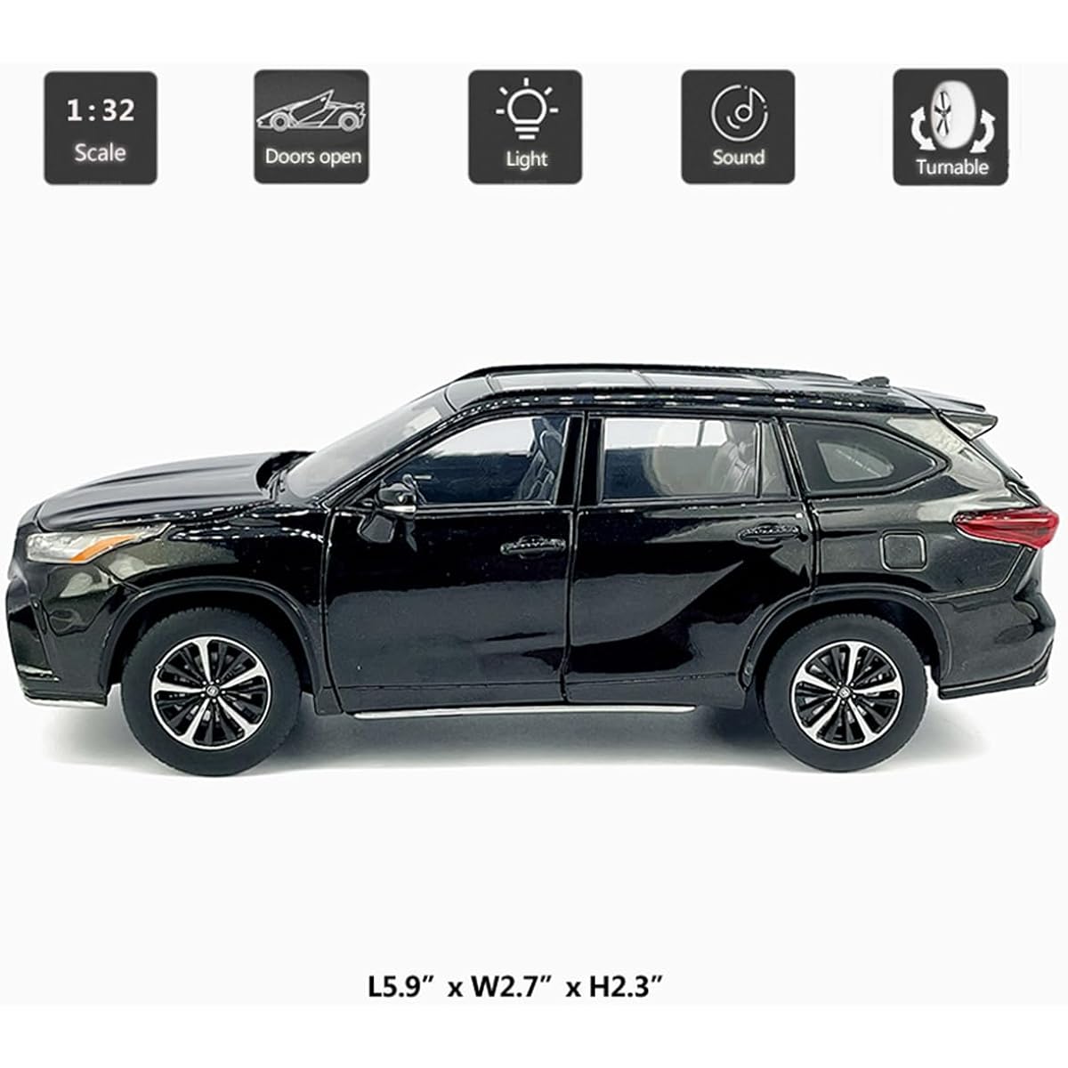 Highlander XSE AWD Hybrid 2021 Model Car 1/32 Scale Diecast Car Diecast Car Metal Alloy Diecast Car Door Open Light Sound Rotating Wheel Collection Adults Men Children Toys Boys Present Black