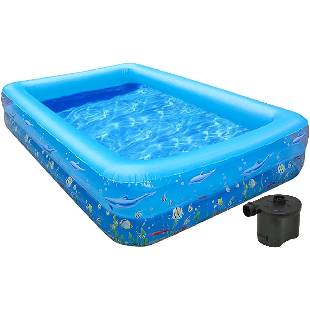 FIELDOOR Giant Family Pool [Marine] & Battery-Powered Electric Air Pump Set (260cm wide x 175cm long x 45cm high)