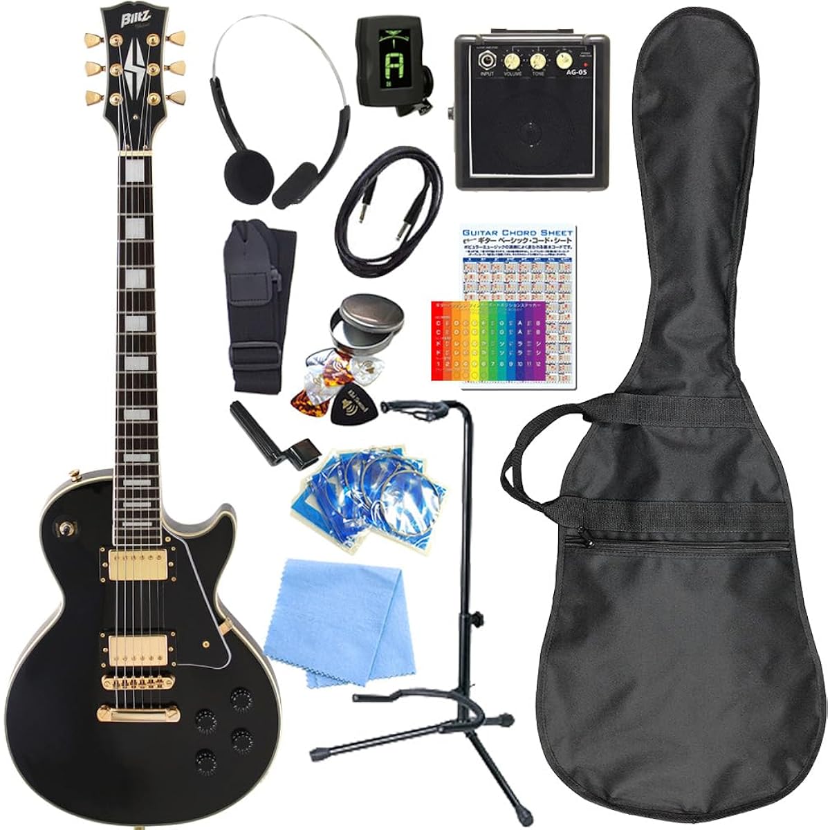 Electric guitar beginner set Les Paul Custom type with mini amp 15-piece set Blitz BLP-CST BK [98765]