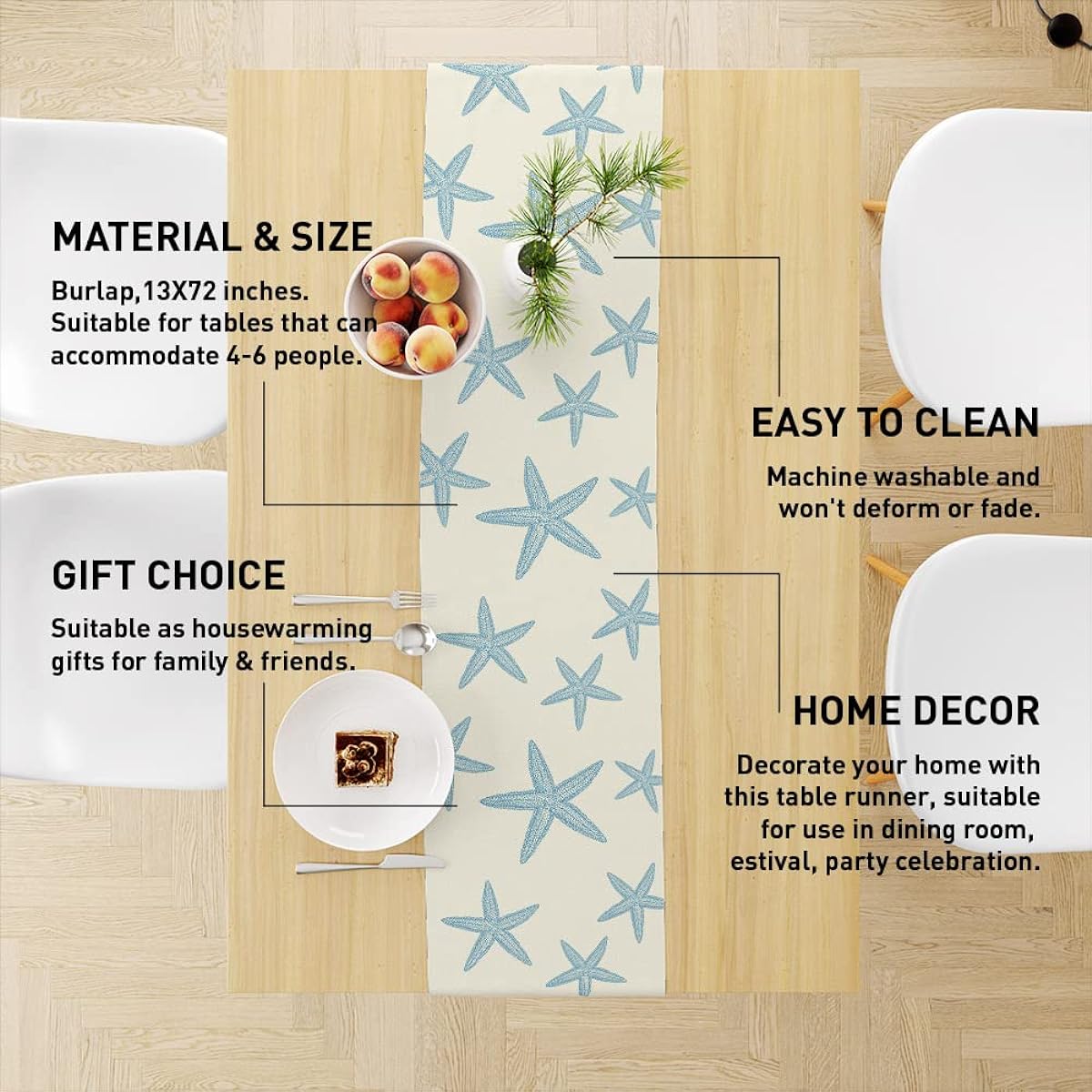 Blue Starfish Table Runner,Nautical Beach Table Runner Decorative Dining Room Kitchen Ocean Sea Table Runner for Holiday Party,Housewarming Gift,13X72 Inch