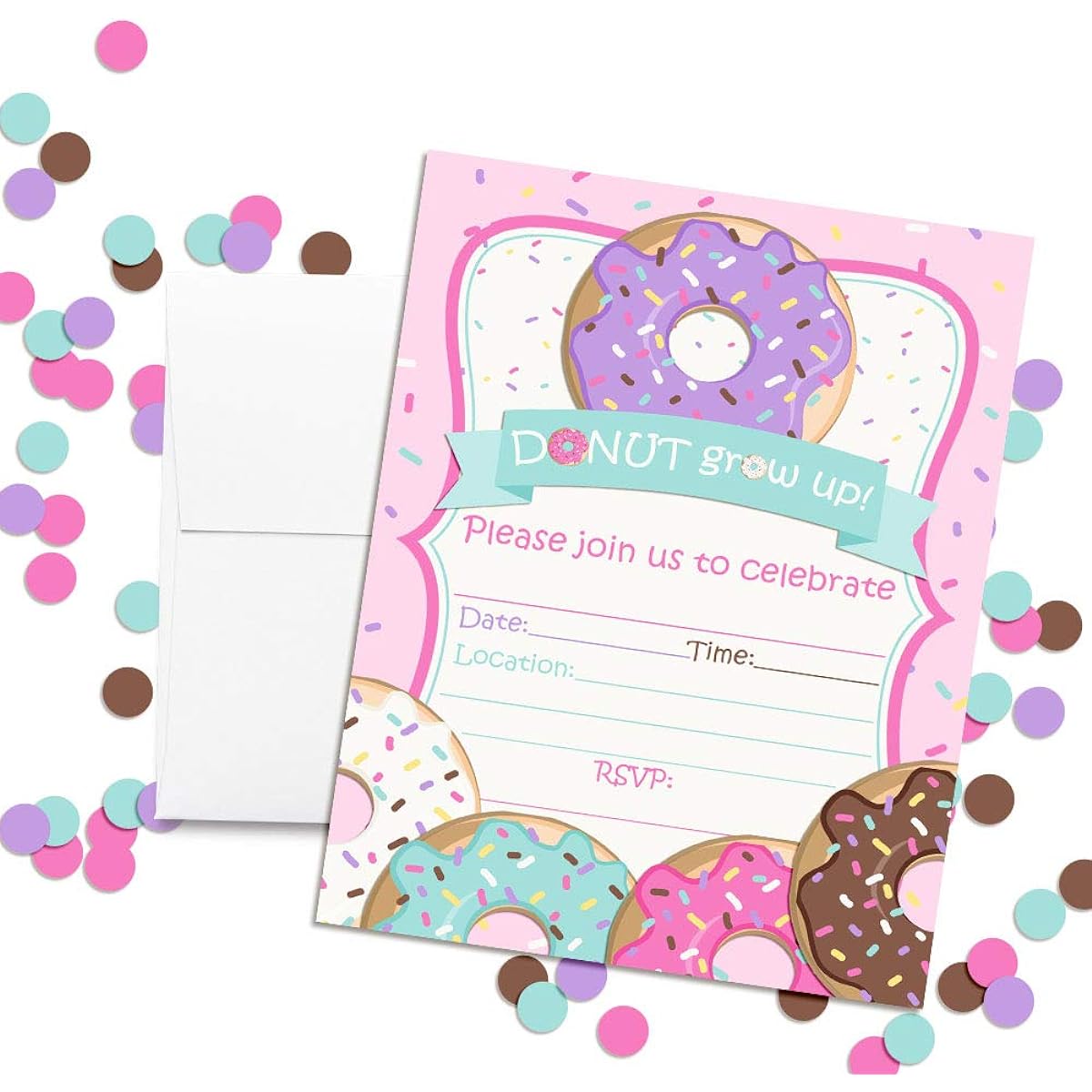 AmandaCreation Donut Glow Up Birthday Party Invitations for Girls 5"x7" 20 Fill In Cards with 20 White Envelopes