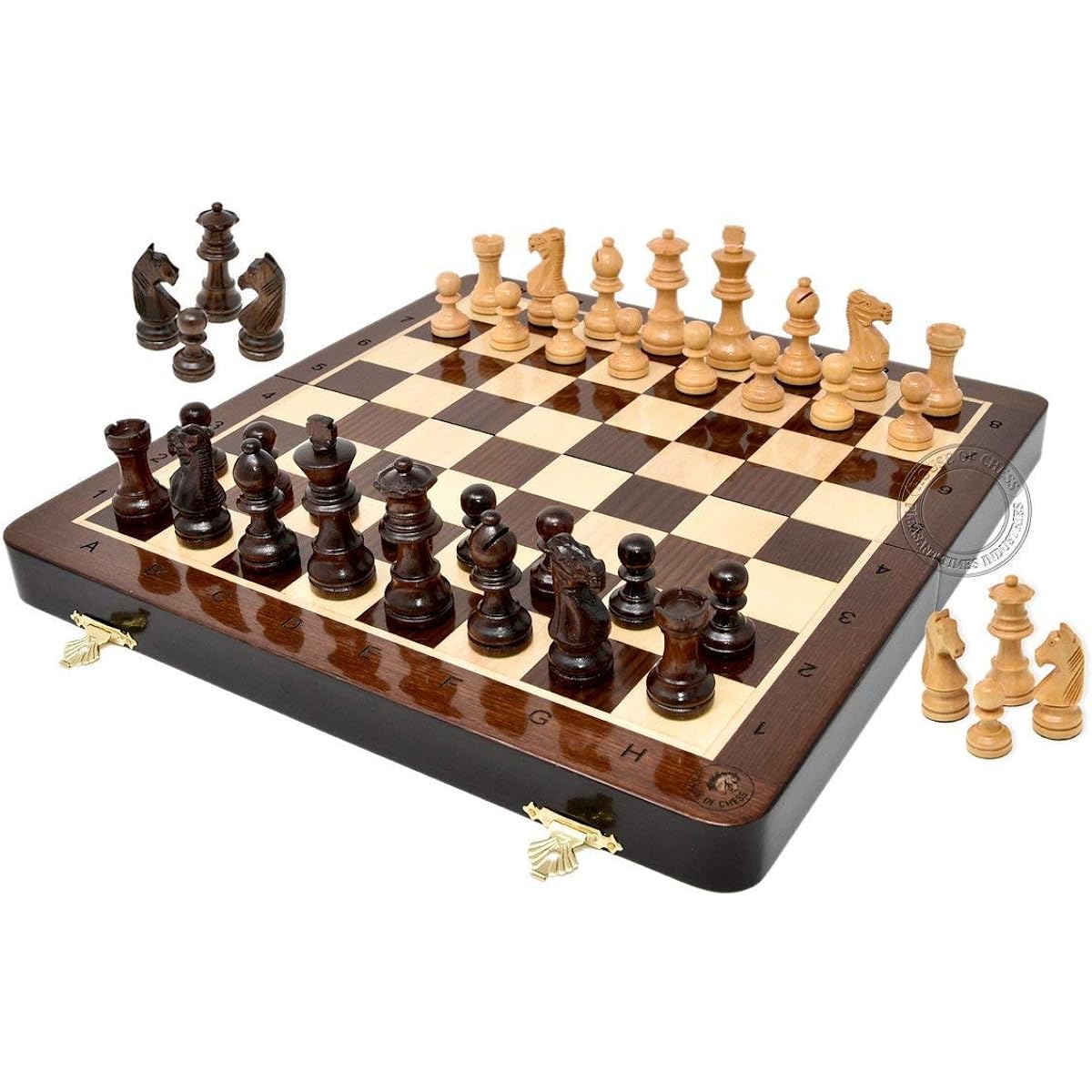 House of Chess 12" Wooden Magnetic Folding Travel Chess Set/Board with 2 Extra Knights, 2 Extra Pawns, 2 Queens, Algebraic Notation, Handmade, Premium Quality