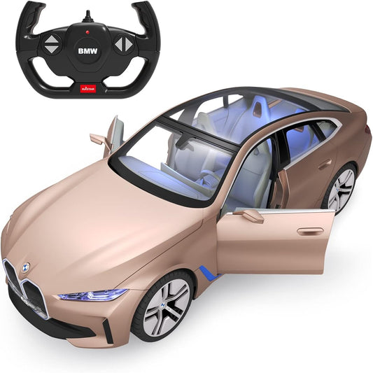 RASTAR 1/14 BMW i4 concept radio controlled car, RC model car, with LED interior lamp, headlights and tail lamps shine, left and right doors can be opened and closed manually, gold color