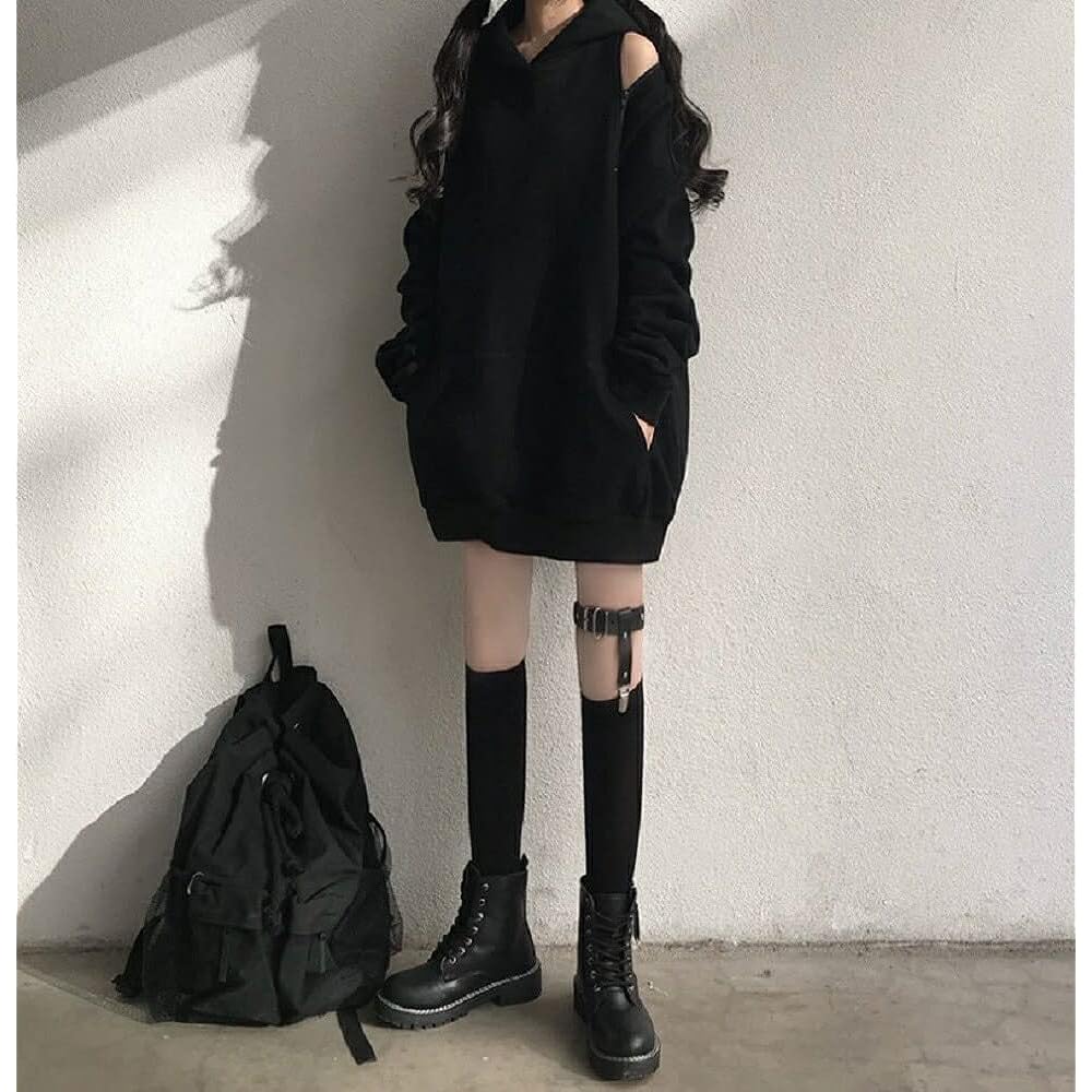 [AiO JAPAN] Parka, both shoulders, hooded, black, big silhouette, off-shoulder, Korean fashion, Gothic, Gothic Lolita