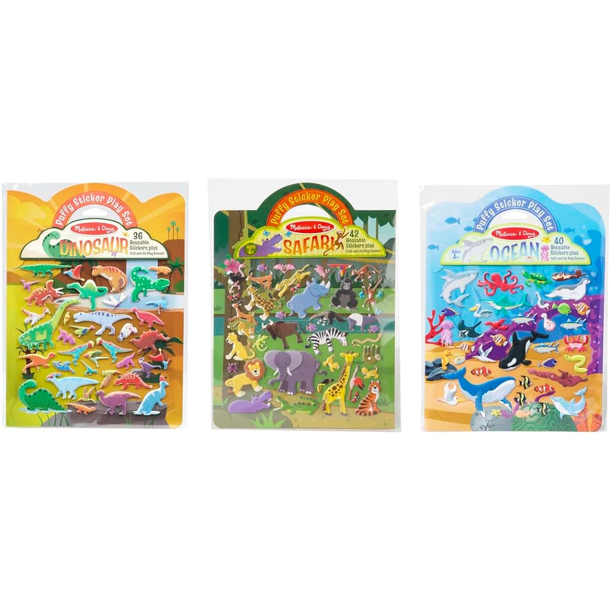 Melissa & Doug Reusable Fluffy Stickers Wild Adventure Playset 3 Pack (118 Stickers: Safari, Dinosaurs, Ocean) - Reusable Fluffy Sticker Book Activity Set for Travel