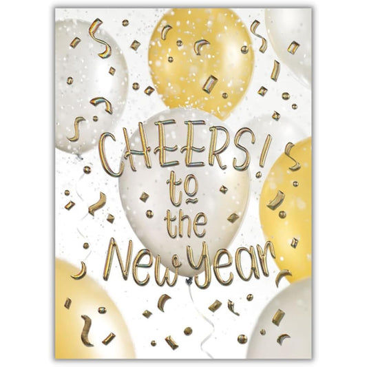 25 Premium New Year Cards - Confetti Balloon Design with Gold Glitter Foil Embossed - 26 White Envelopes - FSC Mix