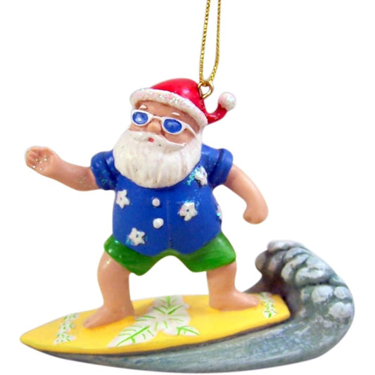 Wowser Cast Resin Painted Surfing Santa Claus Hanging Christmas Tree Ornament 3 1/2 Inch