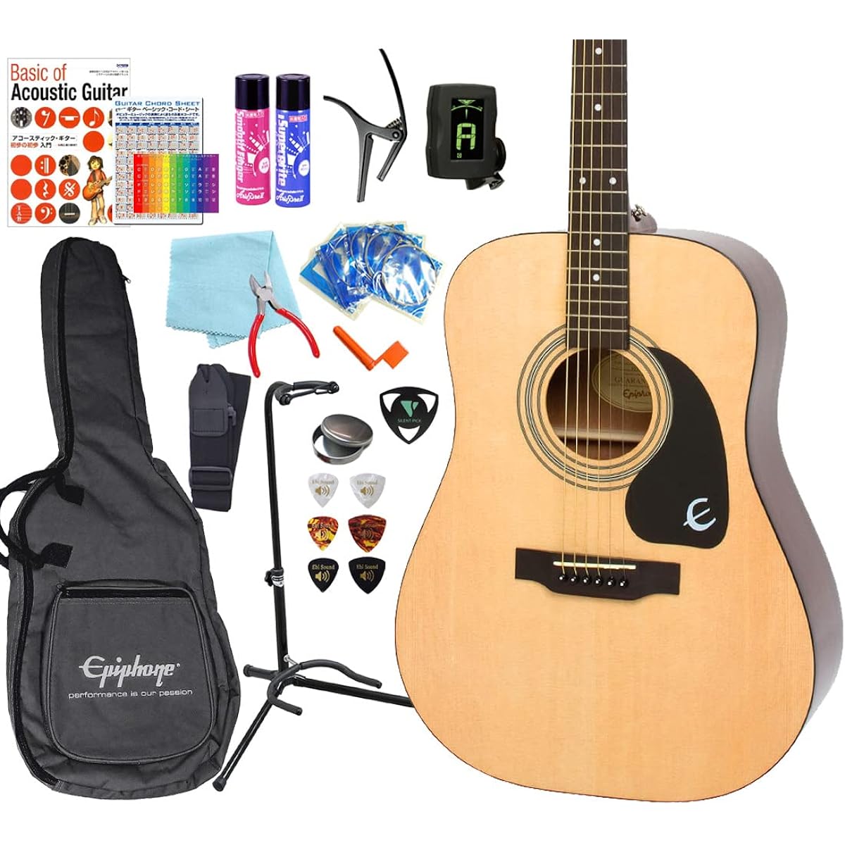 Epiphone Songmaker DR-100 Acoustic Guitar for Beginners, High Grade, 18-Piece Set, NA [98765]