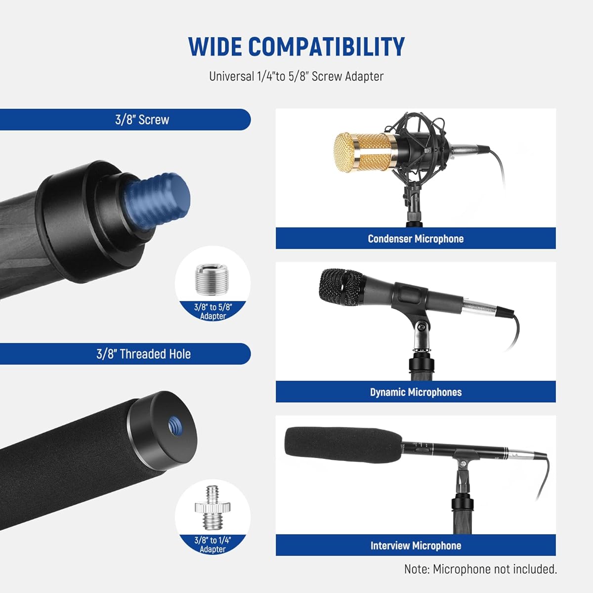 NEEWER New Edition Microphone Boom Pole 300cm Telescoping Carbon Fiber Microphone Boom Arm 5 Sections 1/4" 3/8" 5/8" Screw Adapter Cable Strap Shoulder Strap Storage Bag MS-300CR (Black)