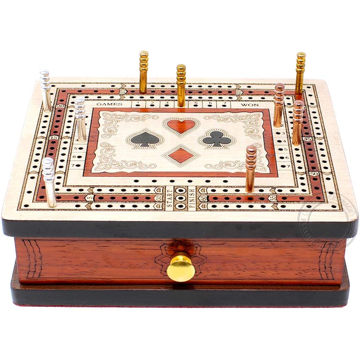 House of Cribbage - 3 Track - 60 Point Non-Continuous Travel Cribbage Board with Maple Wood/Bloodwood Inlay - Size: 6" x 5" - Storage Drawer for Cribbage Pegs & Playing Cards