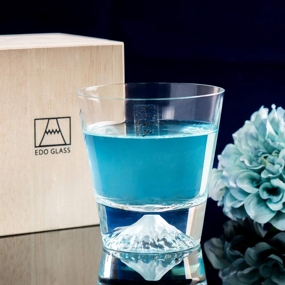 [Mt. Fuji Glass] [Tajima Glass] Mt. Fuji Glass Mt. Fuji Rock Glass (Plain) x Sakura Fuji Rock Glass Pair Set TG15-015-R TG16-015-RS Set of 2 Edo Glass Mt. Fuji Cherry Blossom Whiskey Glass Thirty-Six Views of Mt. Fuji Postcard With