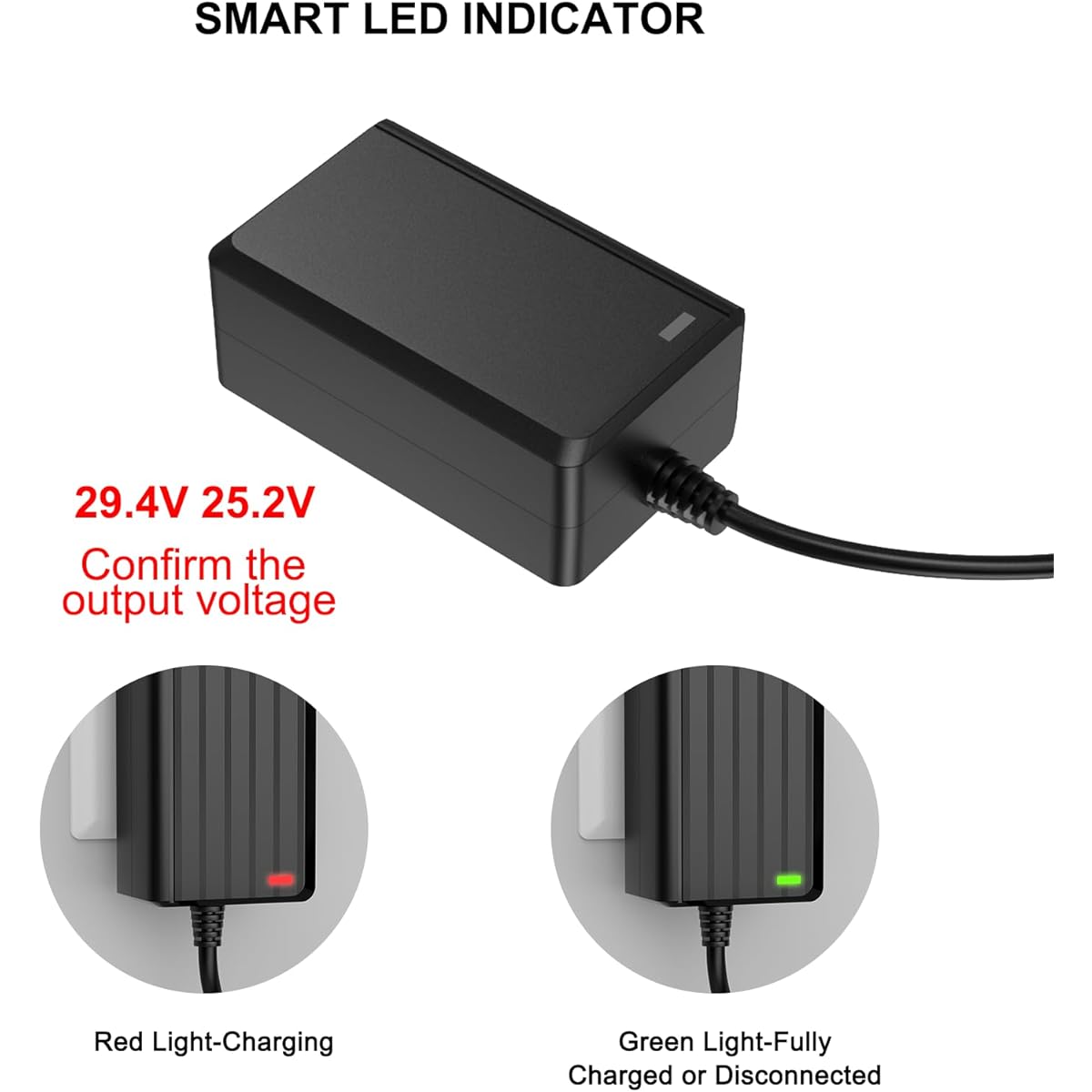 POANES 29.4V Electric Scooter Charger Universal 25.2V 25.9V 24V 7S Lithium Battery Pack 5.5x2.5mm DC Round Plug 8mm 3 Prong Connector (1.5A)