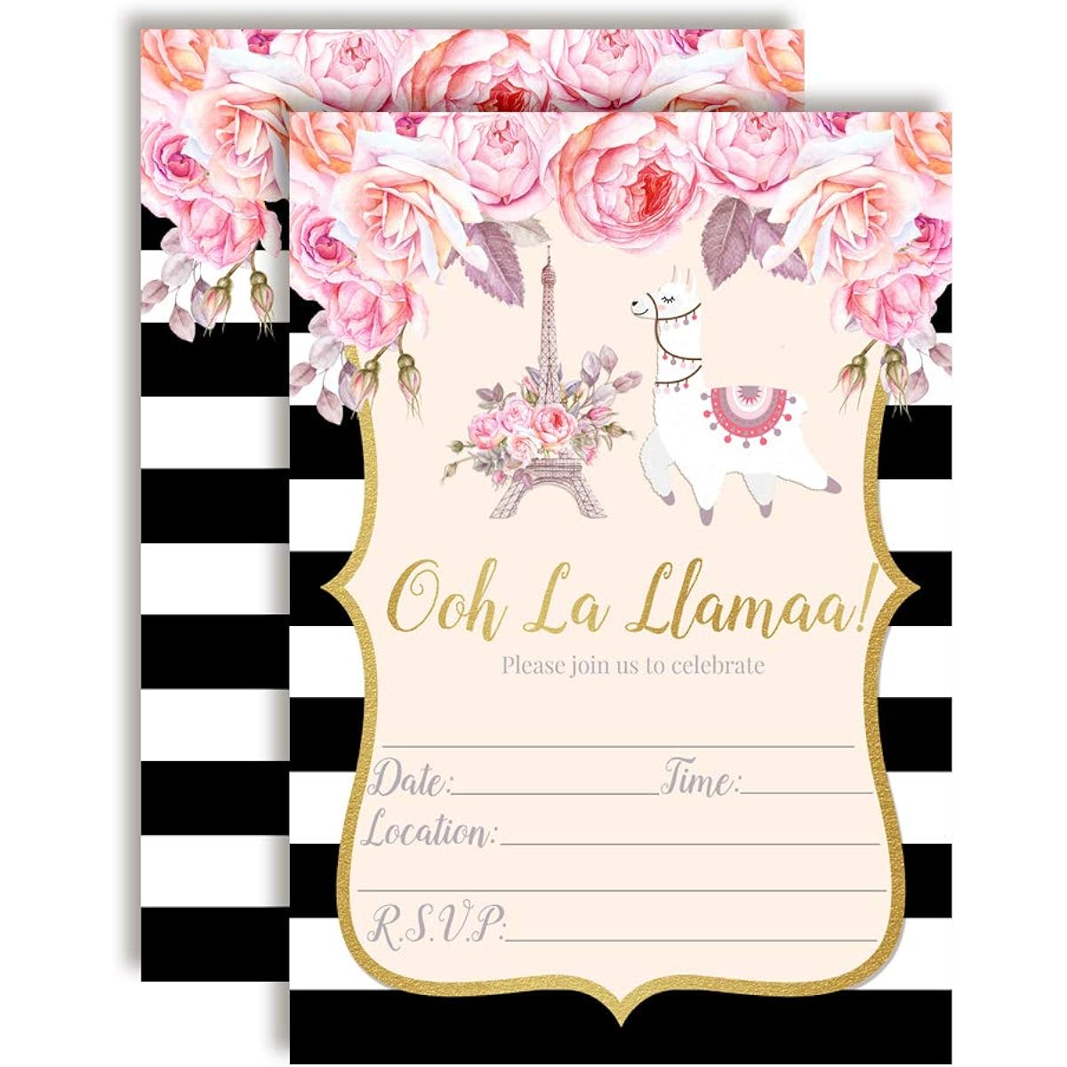 AmandaCreation Ooh La Llama Watercolor Floral Llama Parisian Birthday Party Invitation 5"x7" Card with 20 White Envelopes