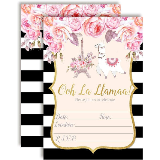 AmandaCreation Ooh La Llama Watercolor Floral Llama Parisian Birthday Party Invitation 5"x7" Card with 20 White Envelopes