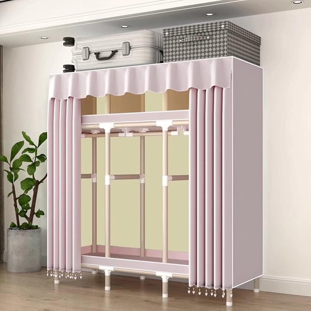 SUKIZUKI Wardrobe with Cover, Sturdy, Large Capacity, Storage Closet, Curtain Type, Assembly Type, Galvanized Steel Pipe, Plain Cover, Durable, Width 130 x Depth 50 x Height 180 CM, Pink