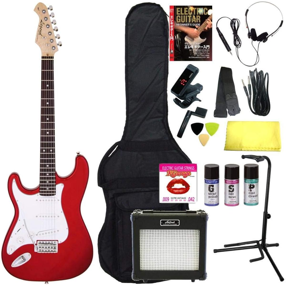 [Perfect 16-piece set/ARIA 6W amplifier] Legend LST-Z L/H CA (Candy Apple Red) Left-handed Stratocaster electric guitar beginner set