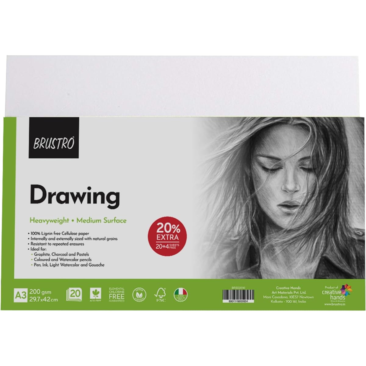 BRUSTRO Drawing Paper 200 gsm, Pack of 20 + 4 Free Sheets, A3 Size, White