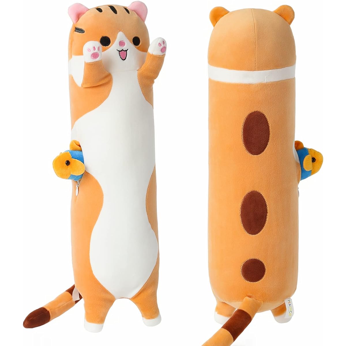 PEACHCAT Long Cat Plush Pillow Cute Kitten Hug Pillow Cute Fish Stuffed Animal Girl Boy Plush Toy Brown 35.4 Inch