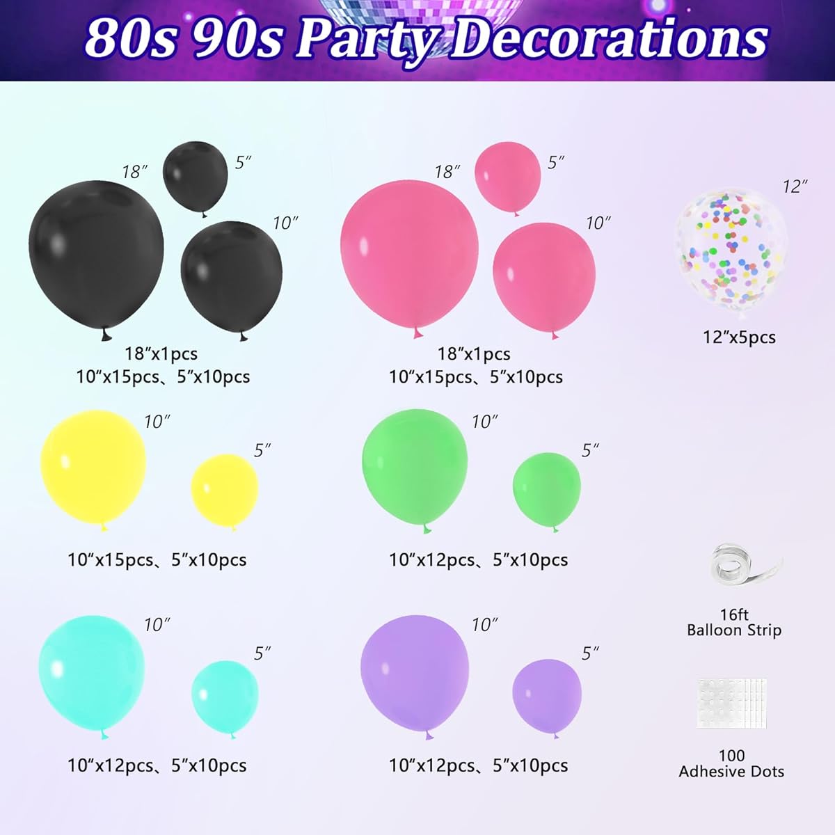 JOGAMS 80s 90s Party Decorations, 165pcs Retro Inflatable Guitar, Microphone, Radio Glasses, Music Notes, Stars, Disco Balloons with Confetti for 90s 80s Hip Hop Rock Theme Birthday Prom Party