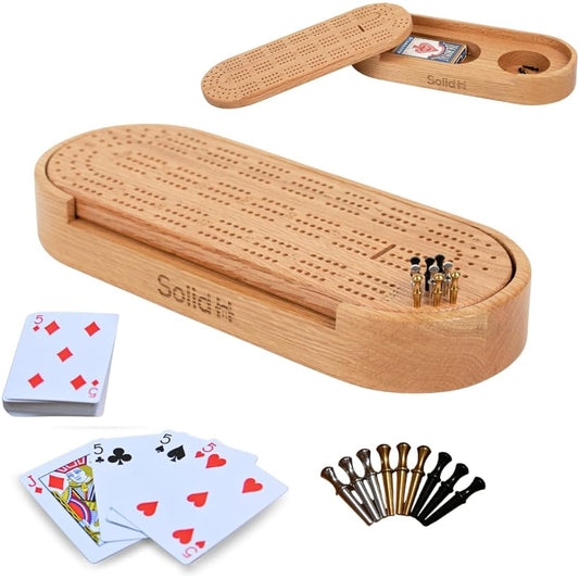 Premium Oak Cribbage Board Game Set - Unique Cribbage Board with Playing Cards, Metal Cribbage Board Pegs, Instructions and More - Beautifully Designed Board Game for the Family - Travel Cribbage Board