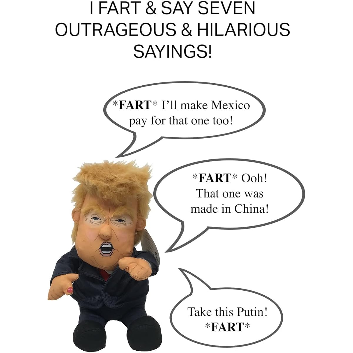JEWUNO Holiday Decoration Gift Pull My Finger Fart Donald Trump Plush Figure Doll - With Animated Hair - 10.5 Inches Tall