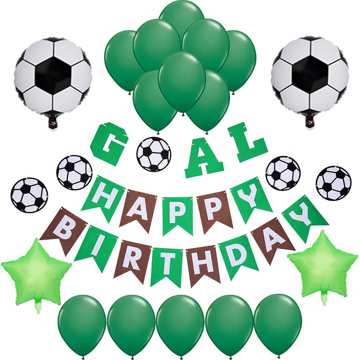 Sports Themed Soccer Party Supplies and Decorations for Girls and Boys, 1 Happy Birthday Banner, 2 Stars, Soccer Foil Balloons, 16 Green Latex Balloons for Boys Kids 1st 3rd 4th Birthday Decor