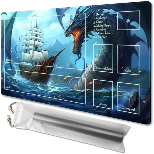 MTG Playmat Size 24x14" Free Storage Bag Non-Slip Backing Print Perfect for Card Game Lovers TCG Playmat Mouse Pad (Lake Dragons, Zones Included)