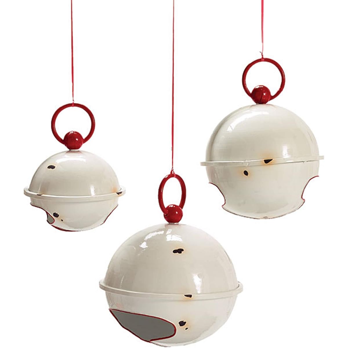 Wowser Large Rustic White Christmas Bells with Red Accents Holiday Jingle Bells Hanging Decorations Set of 3