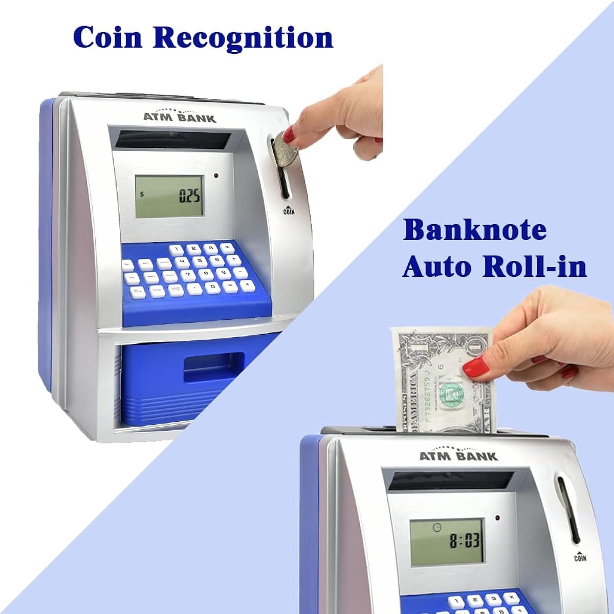 ATMBnk ATM Piggy Bank for Real Money, Digital Piggy Bank with Debit Card, Electronic Cash Box with Password Lock, Coin Recognition, Targeting, Voice Prompts, Great Gift for Kids (Blue) One Size