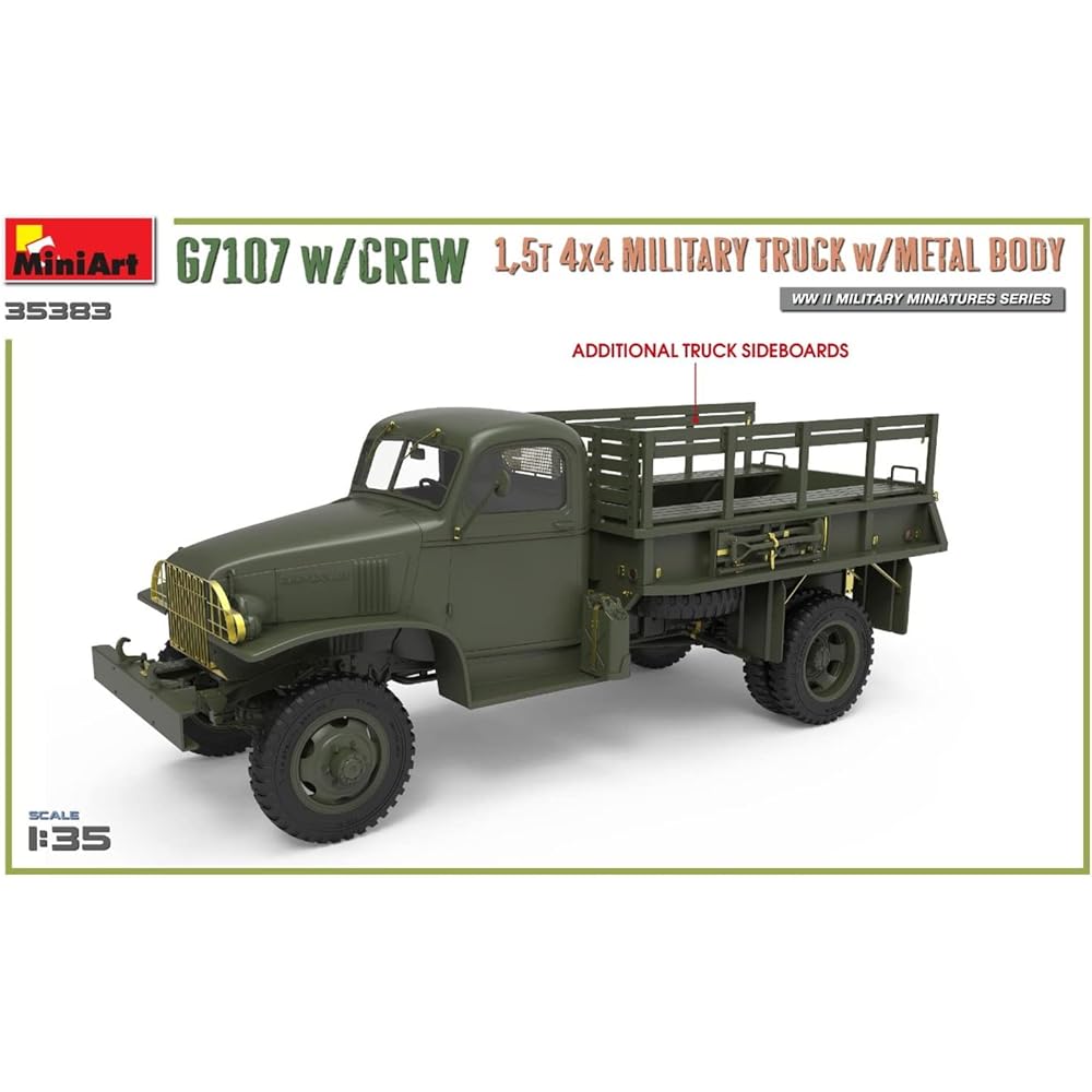 Miniart 1/35 US Army G7107 1.5t 4x4 Cargo Truck Metal Cargo 3 Crew Figures Plastic Model MA35383