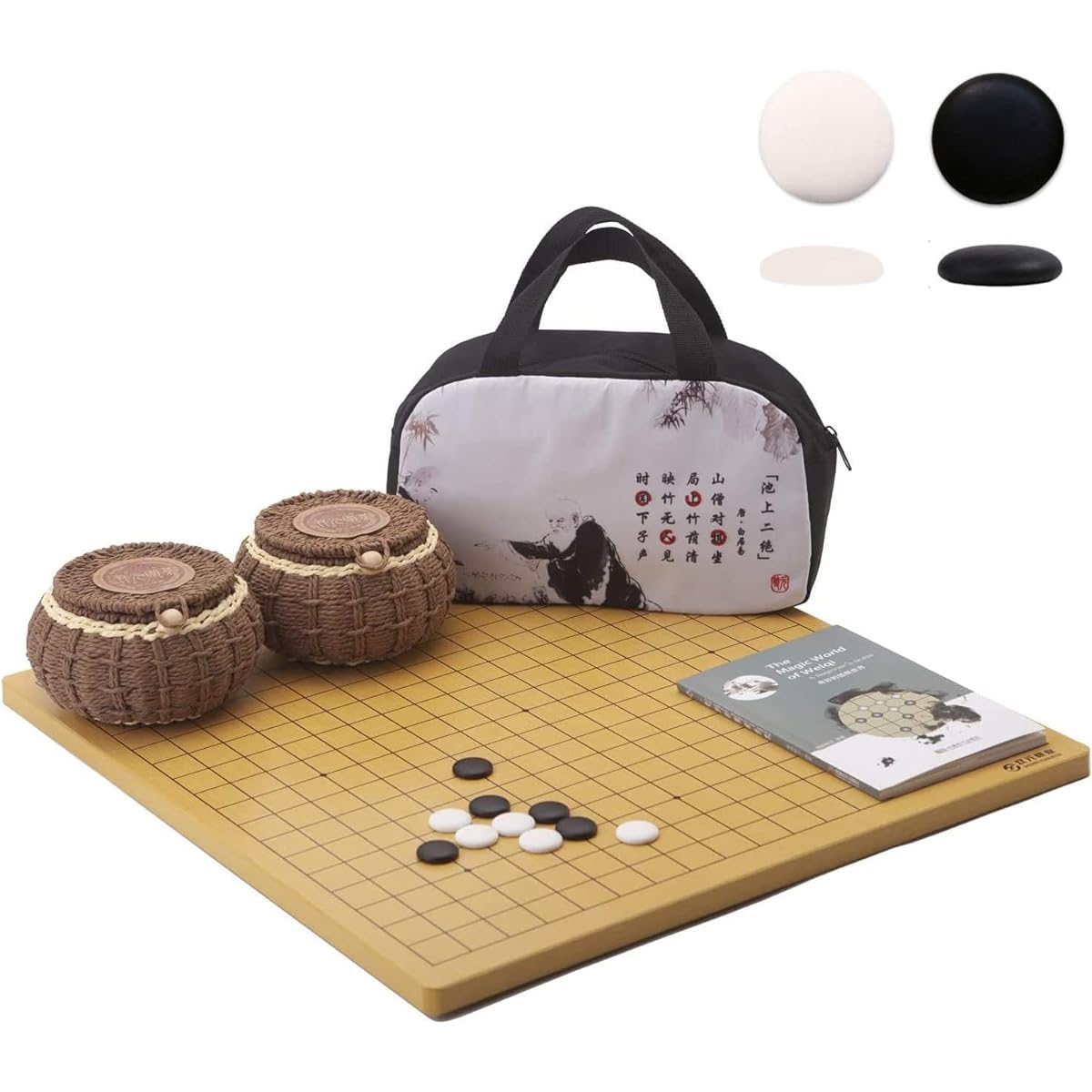 SongYun Go Set Reversible 19x19/13x13 Go Game Set Wooden Board 361 Pieces Single Convex Ceramic Stone Weaving Process Bowl Bundle Bag Weqi Games