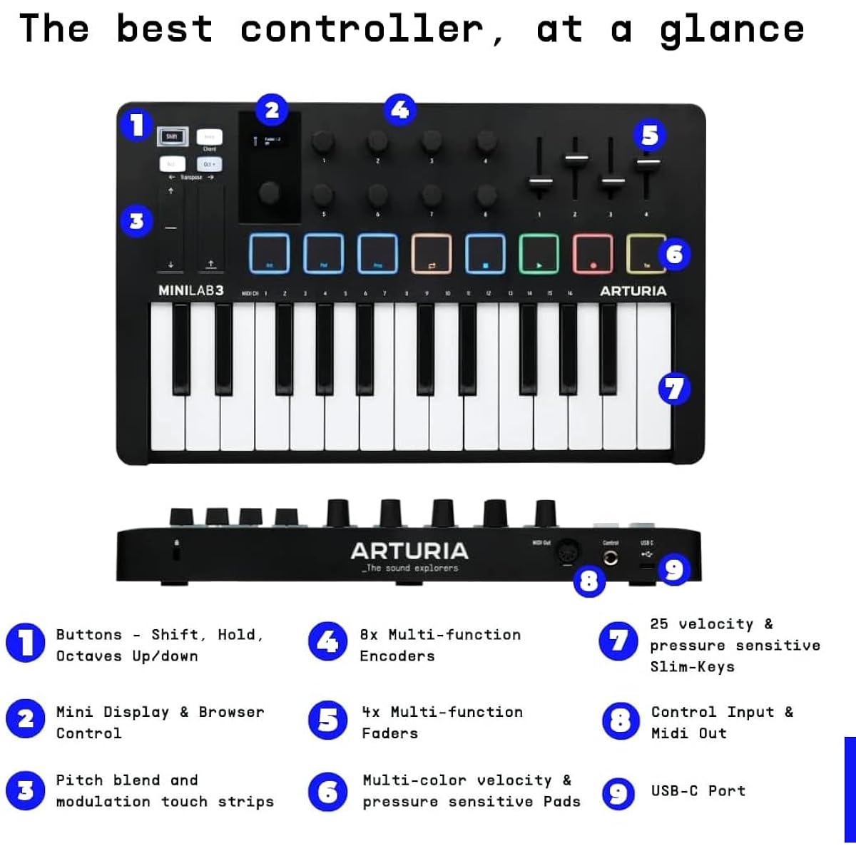Arturia - MiniLab 3 - Universal MIDI controller for music production, with all-in-one software package - 25 buttons, 8 multicolor pads - Black