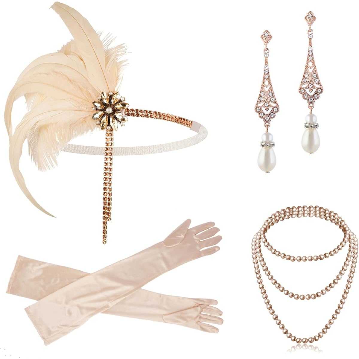 Cizoe 1920s Flapper Gatsby Costume Accessories Set, 20s Flapper Headband, Vintage Pearl Necklace Gloves