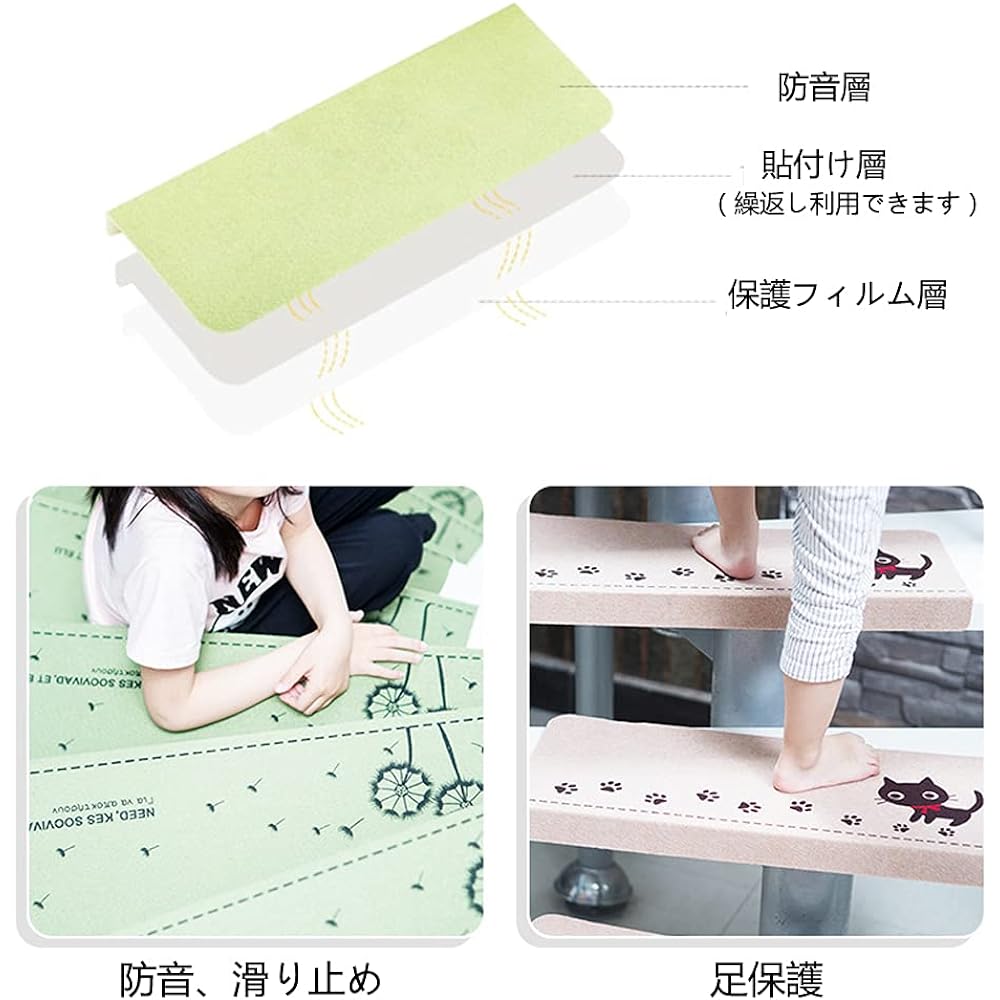 YMR Stair Mat, Non-Slip, Soundproof, Scratch-proof, Foldable, Approx. 55 x 22cm, Step Mat, For All Seasons, Coconut Tree, Adsorption Type, Washable, Set of 15 (Green)