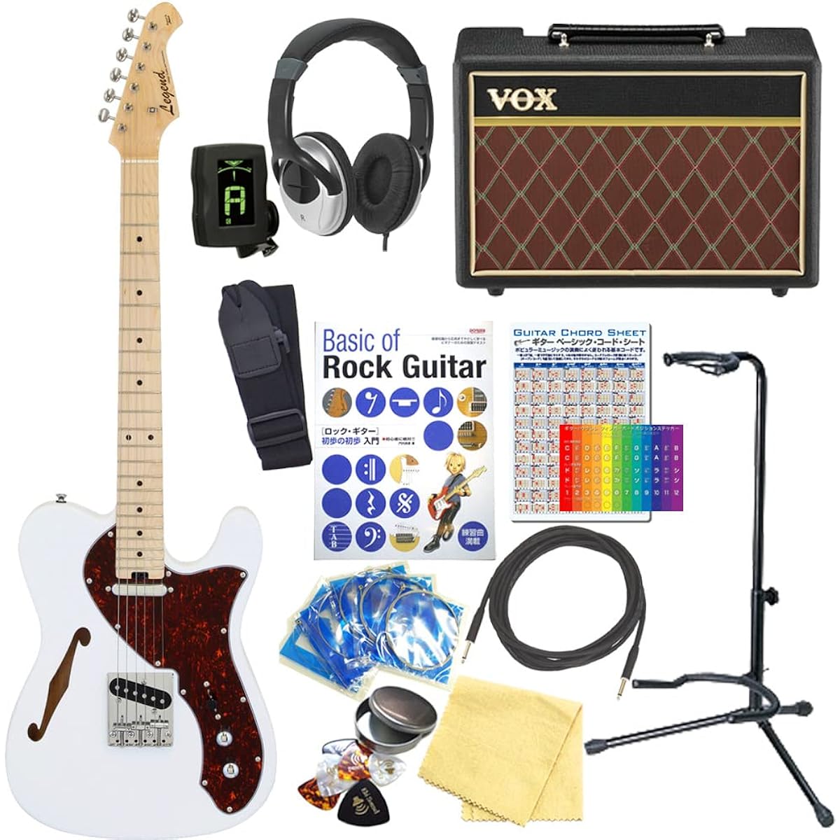 Electric Guitar Beginner Set Telecaster Thinline Type 15-piece Set with VOX Amplifier Legend LTE-69TL TT/WH
