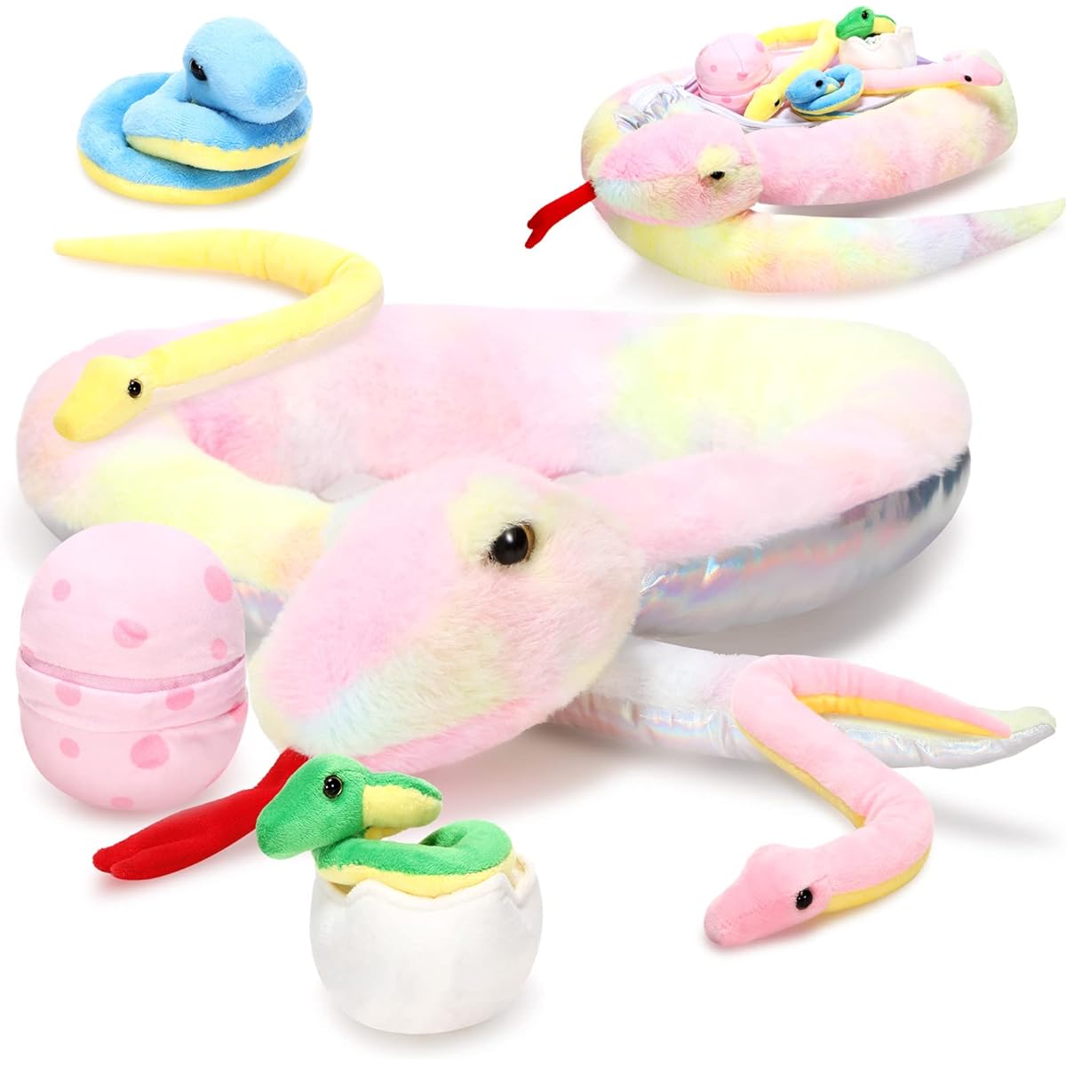 Leitee 7 Piece Snake Stuffed Animals Set, 63" Large Rainbow Snake Plush Toy, Zipper Snake Toy, Cute Stuffed Animals for Babies, Snake and Egg, Mummy Snake Belly, Great for Birthday/Pet Party Favors
