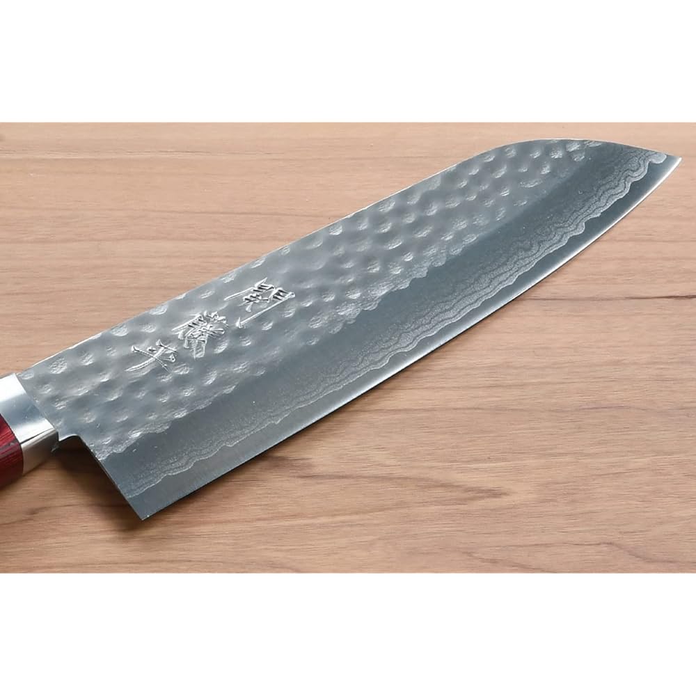 Yaxel Seki Tohei Knife, Santoku Knife, Made in Japan, 16cm, Damascus Hammer, V Gold No. 10, All-Purpose Knife, Red Handle