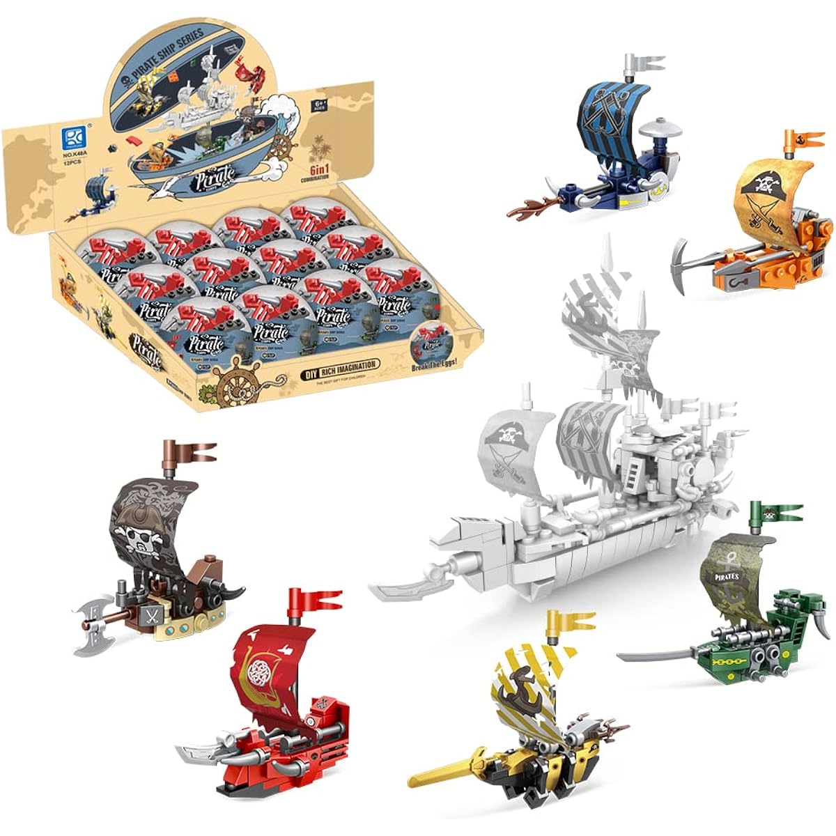 12 Pirate Ship Toys - 12 Easter Egg Blocks with Boat Toys, Party Egg Cups, Toy Boats, Easter Party Favors for Kids, Ages 3+.