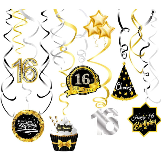 16th Birthday Decorations Ceiling Hanging Swirls Happy 16th Birthday Party Silver Black Gold Foil Swirls Birthday Party Supplies