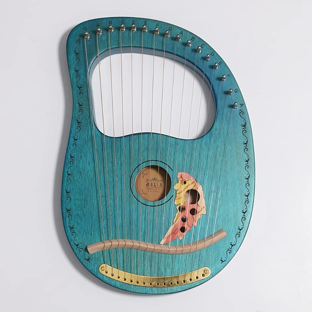 WowZza 16 Metal String Lyre Harp, Lyre Harp with Durable Gig Bag and Tuning Wrench, Musical Instrument for Adults/Kids, Goldfish Pattern/Atrovirence