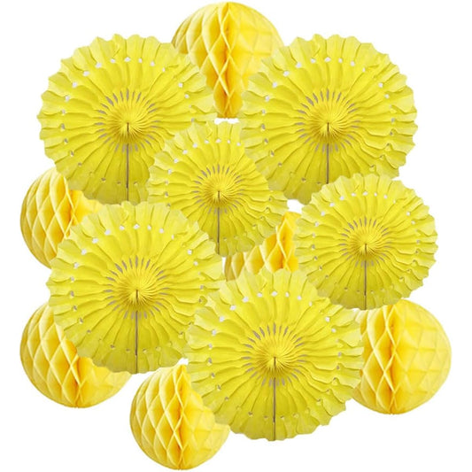 12pcs 6" 8" Honeycomb Ball Tissue Paper Fans Party Honeycomb Ball Fans Wall Tissue Pom Poms Flower Balls Hanging Paper Fans for Party Baby Shower Birthday Wedding Nursery Wall Decor (Yellow Kit)