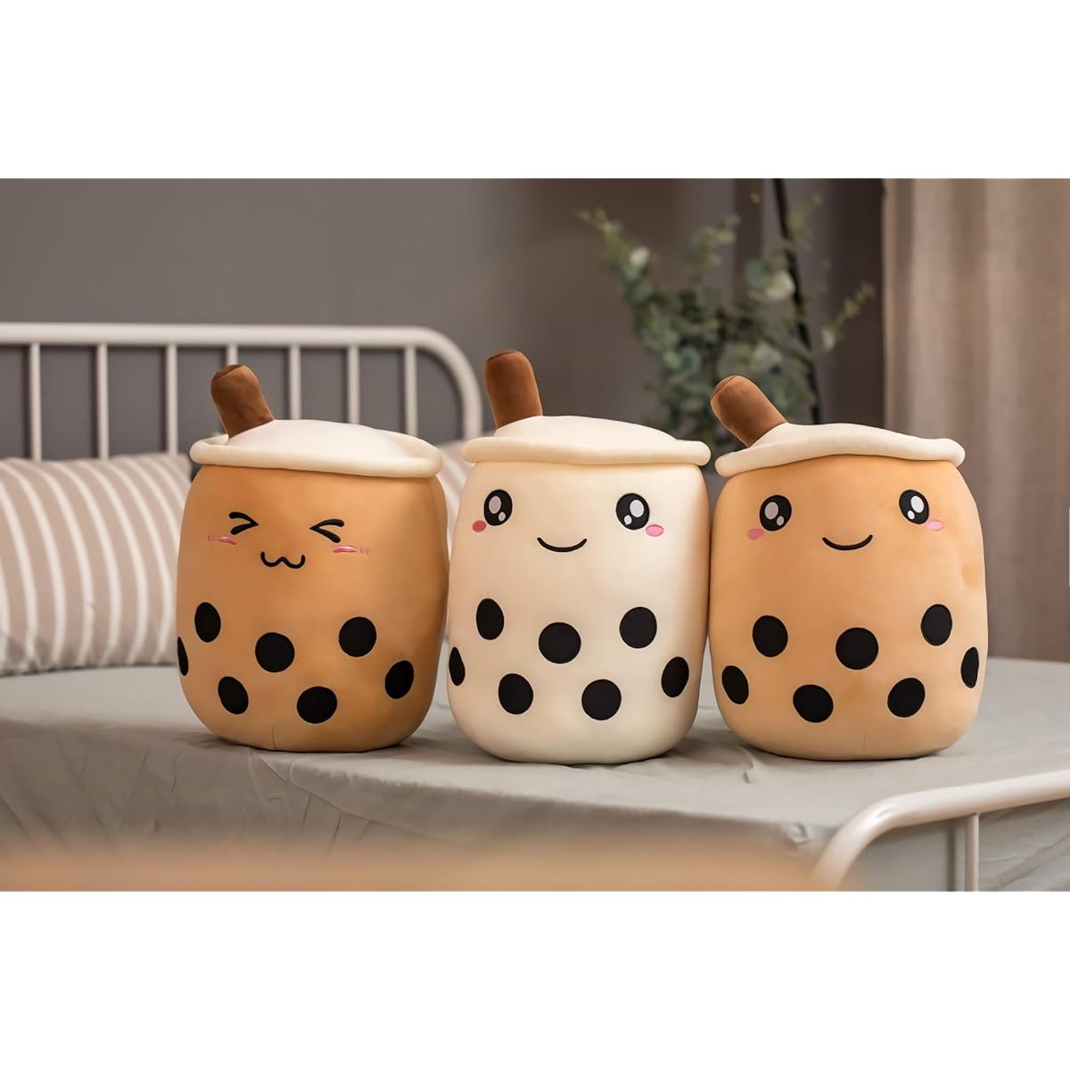 VICKYPOP Cute Bubble Tea Plush Boba Stuffed Animal Food Shaped Cushion Cartoon Fruit Milk Tea Gift for Kids (Brown Close Eyes, 13.7 Inch)