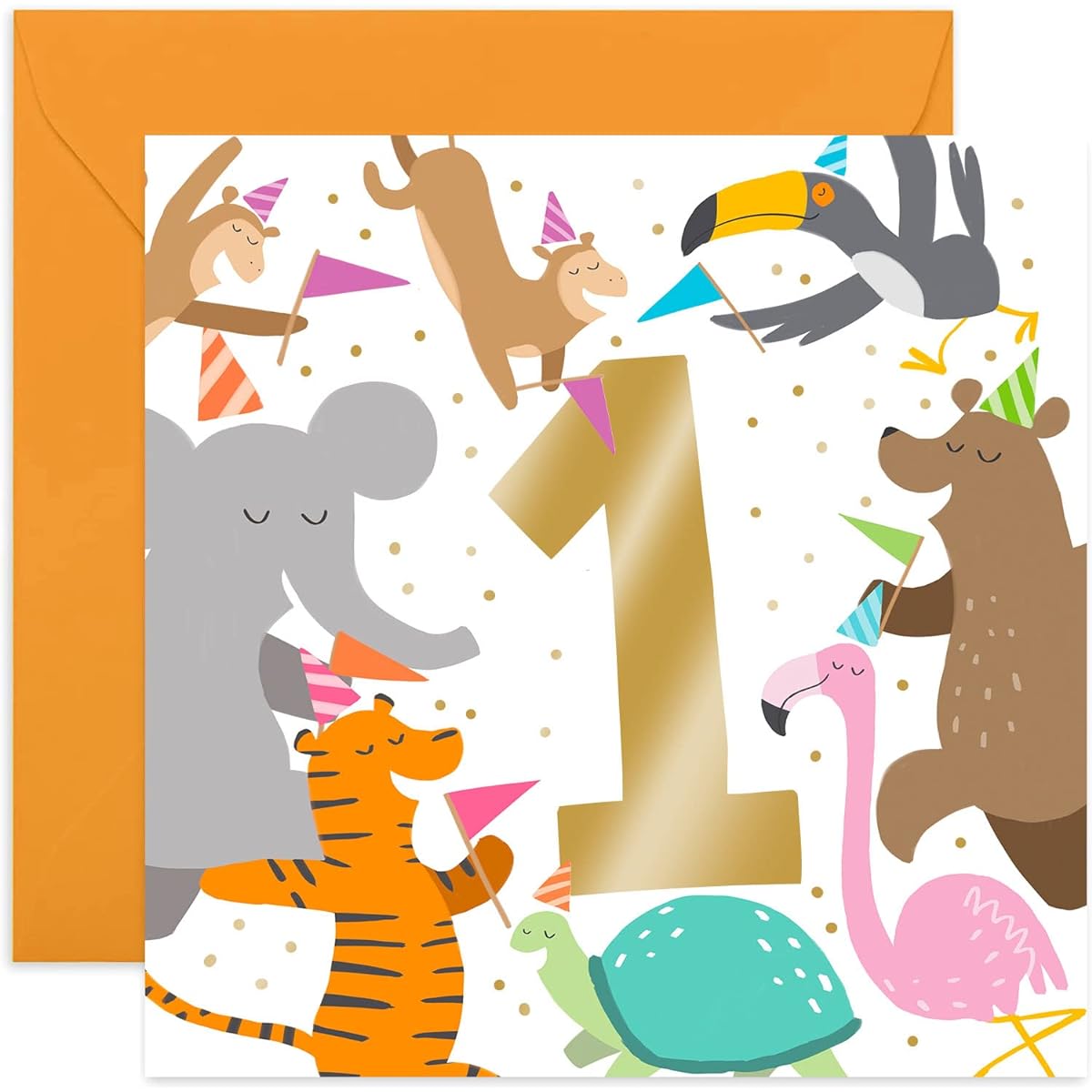 Old English Co. Party Animals 1st Birthday Card for Kids - Gold Foil Square Zoo Birthday Card for Boys and Girls | For Son or Daughter | Blank Inside & Envelope Included (1st Year)