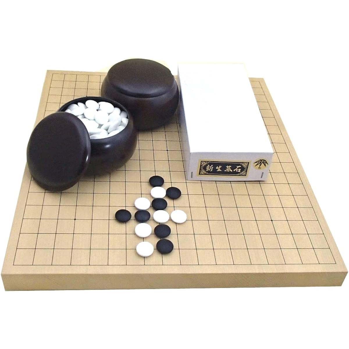 Go Board Set - Shinkaya tabletop jointed Go board, hard glass Go stones, Shinsei bamboo (approx. 9mm thick) and P wood grain Go bowl, large size (from beginners to Go players to tiered)