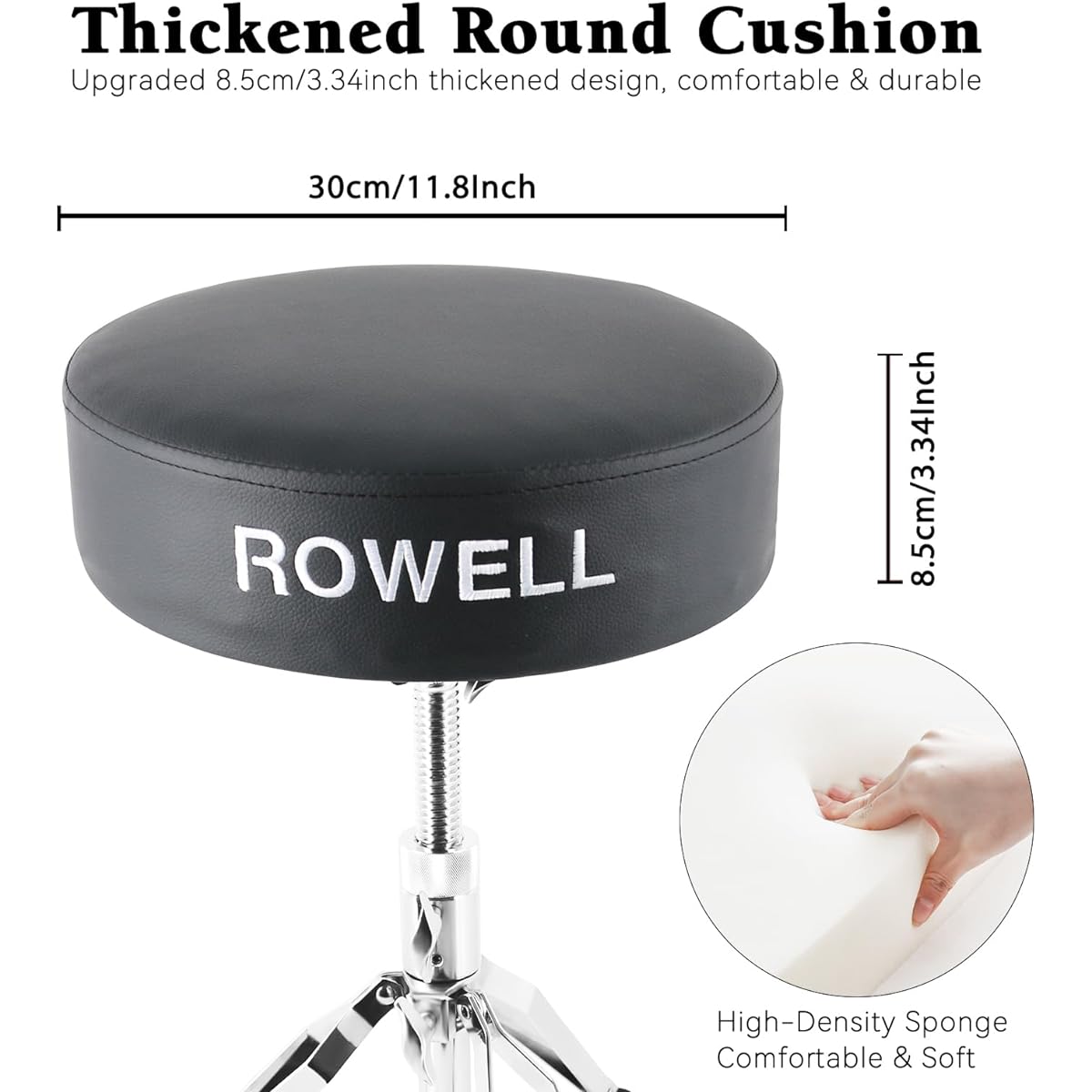ROWELL Drum Throne Height Adjustable Drum Throne Seat Drum Stool Thick Padded Double Support Anti-Slip Drum Seat Suitable for Adults and Drummers with Drum Sticks and Drum Key (Black)