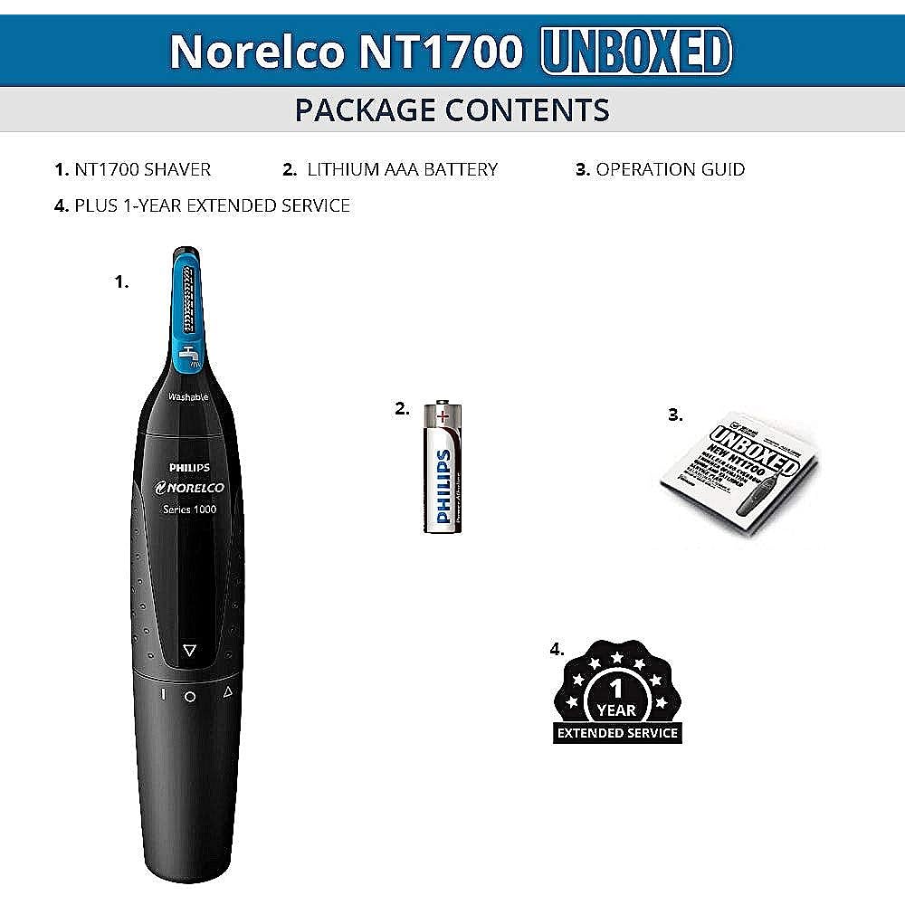 Philips Norelco Series 1000 Nose Trimmer NT1700 Hair Trimming for Nose, Ears and Eyebrows with ProtecTube Technology & Ultra Precision Sharp Cutting Slots - Black (Parallel Import)